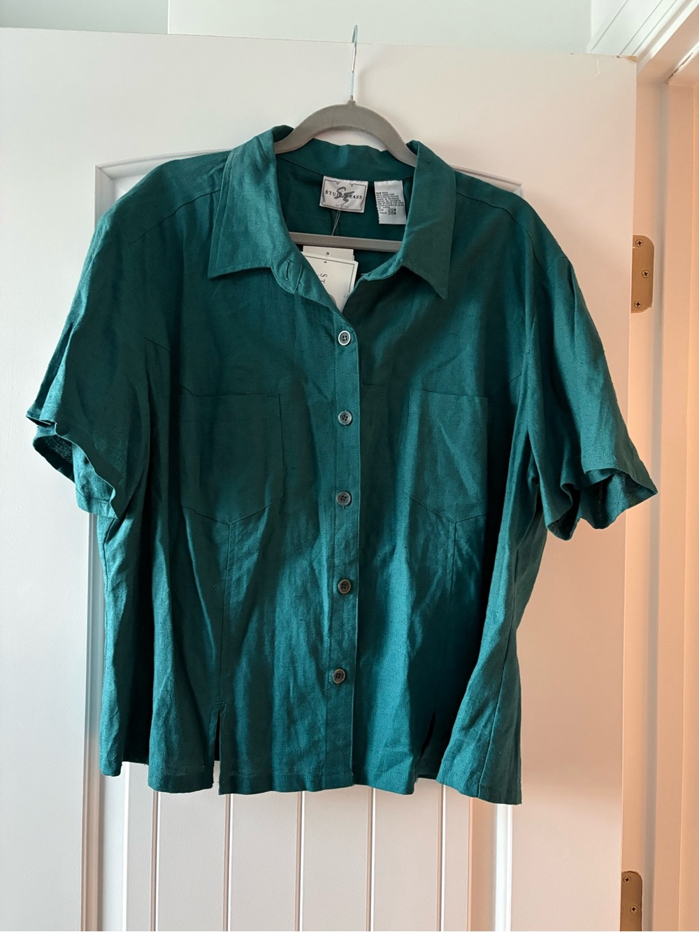 Vintage Y2K Linen/Rayon Teal Button Up Short Sleeve 20W NWT Studio Ease 90s Casu